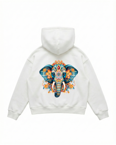 Men's Oversize White Hoodie With Colored Elephant Print